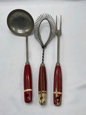 3 Vintage Kitchen Utensils- A&j Ladle And Meat Fork, With Coil Wire Whisk Beater