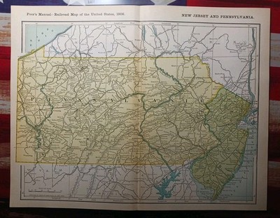~1906 Zug Streckenkarte Pennsylvania New Jersey alle Bahnlinien Stationen 9x11 Zoll