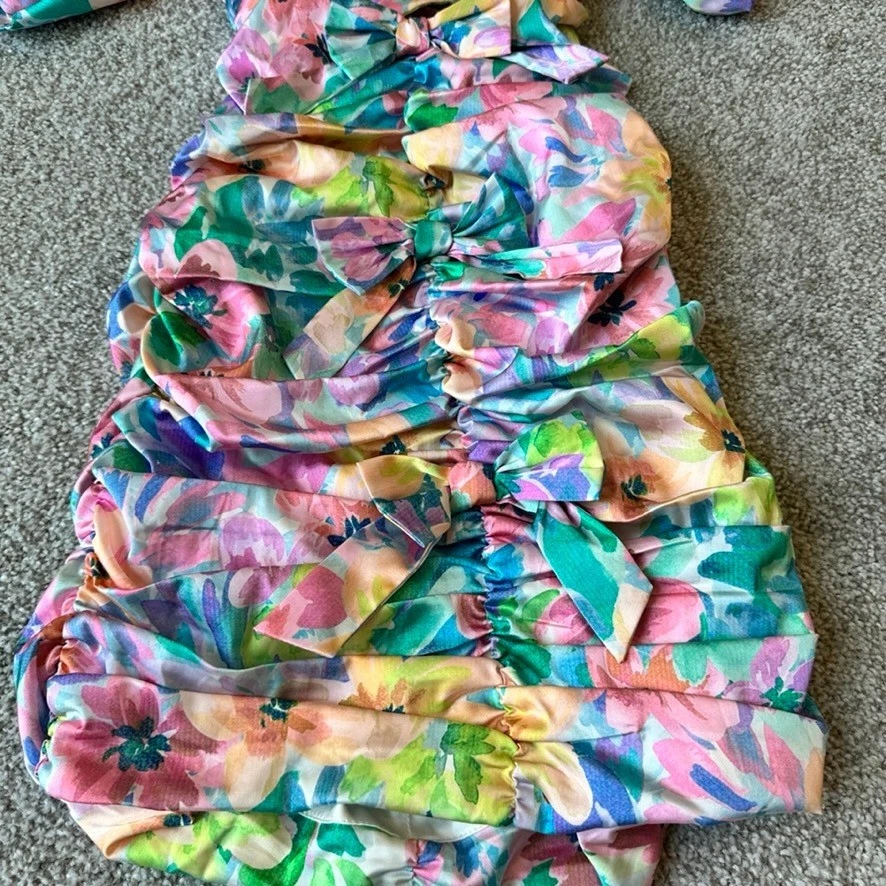 For Love & Lemons Blair Mini Dress Size XS Floral Ruched Bow Colorful Cocktail - Image 4 of 4