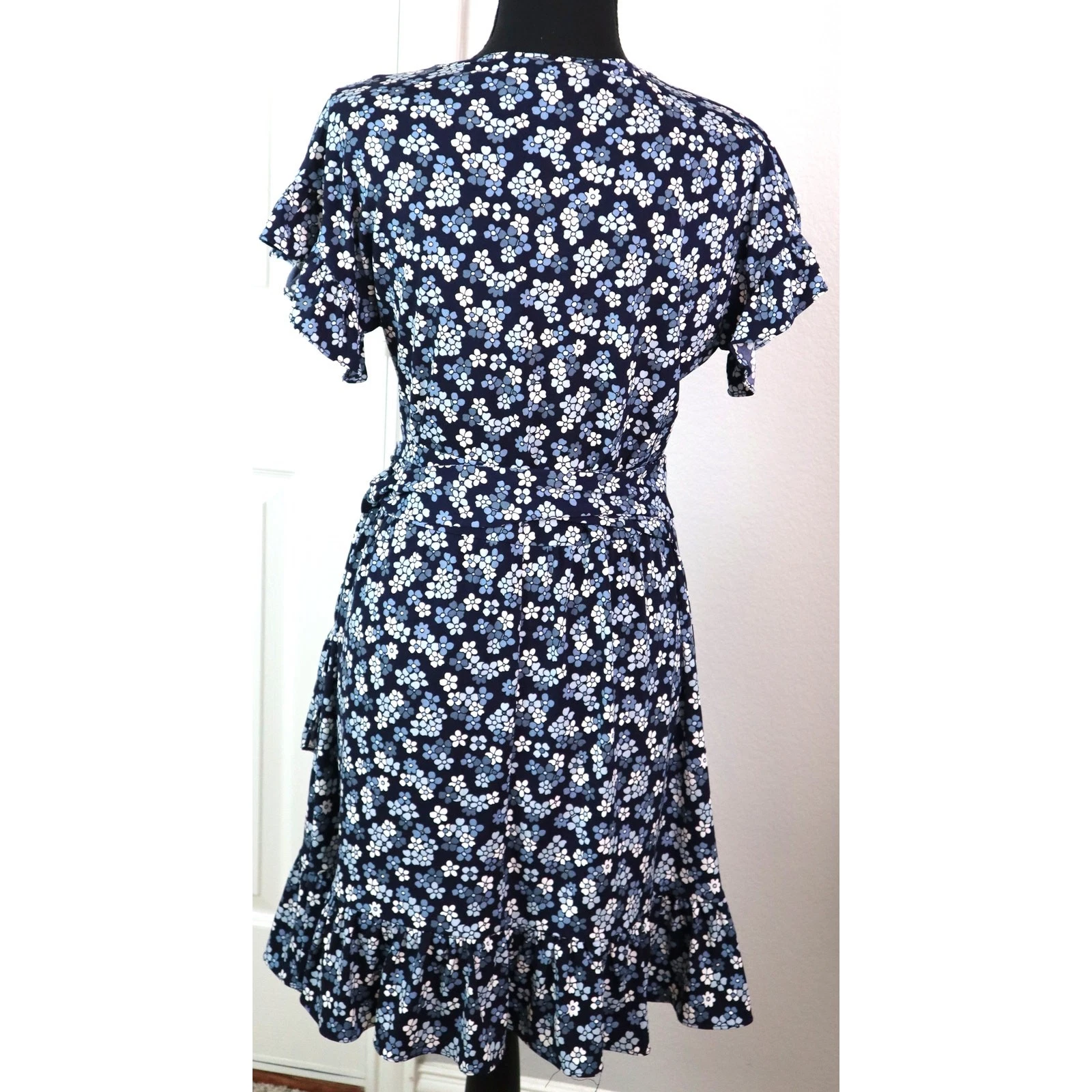 Abito Michael Kors blu bianco floreale avvolgente volant maniche svasate estate XS floreale