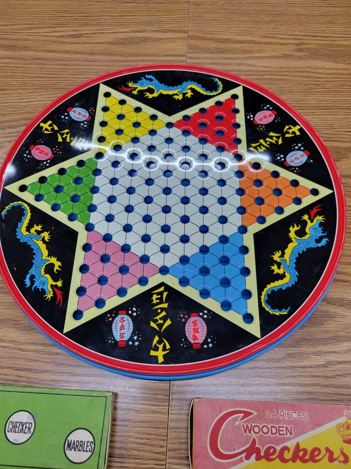 Vintage Chinese Checker Game Round Metal Tin Round Board  With Checkers, Marbles - Image 2 of 4