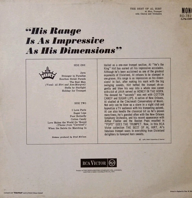 Al Hirt-The Best Of Al Hirt Vinyl LP Album.1965 RCA Victor RD 7819.Sugar Lips+ - Image 2 of 4
