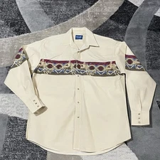 Wrangler Western Shirt Men XL Brown Pearl Snap Aztec Cowboy Rodeo Horses Starch*