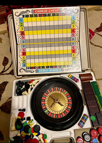 Vintage Travel Game Set w/ Roulette Wheel, Chess & Checkers Boards, Chips Case