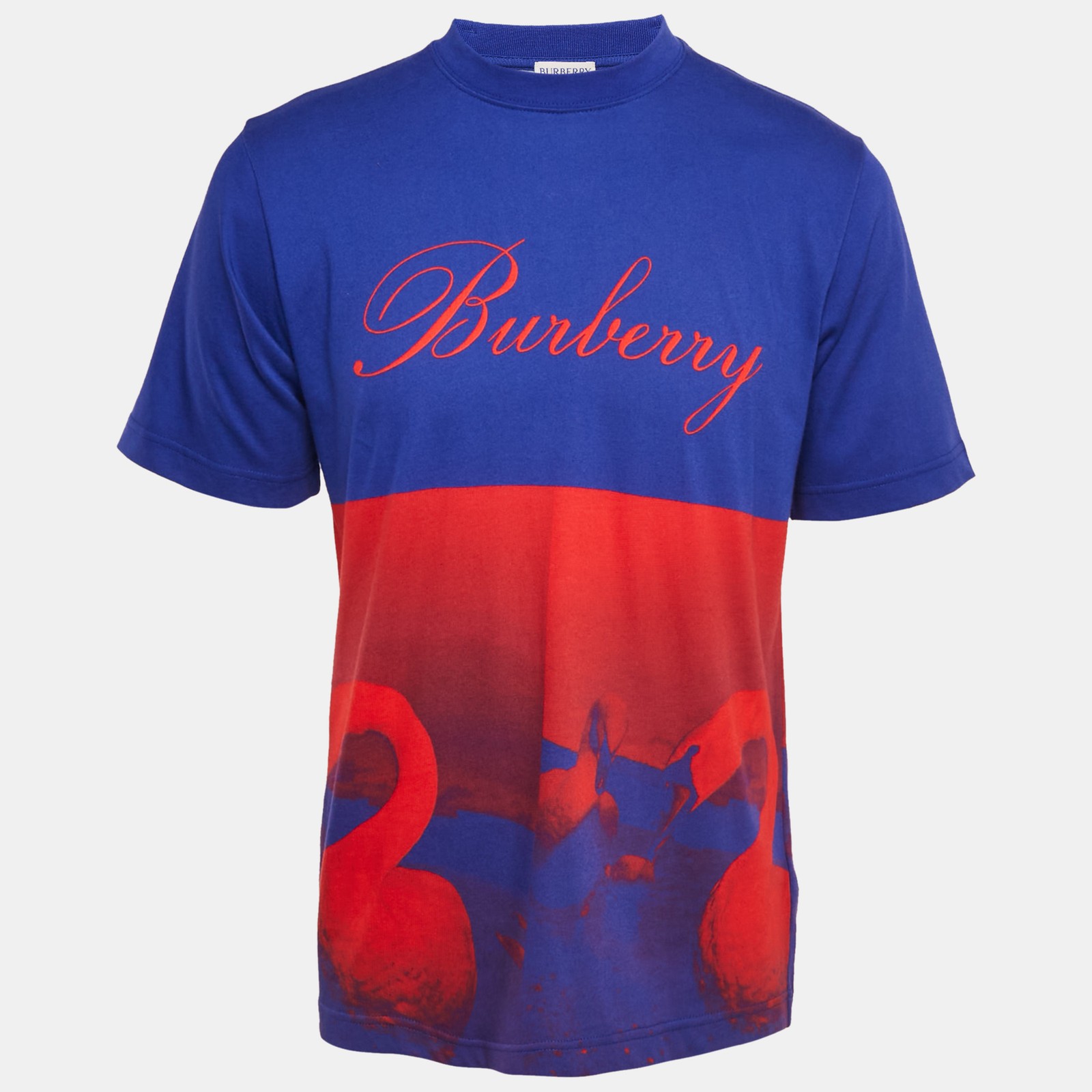 Burberry Blue Swan Print Cotton Crew Neck Tee in Size S