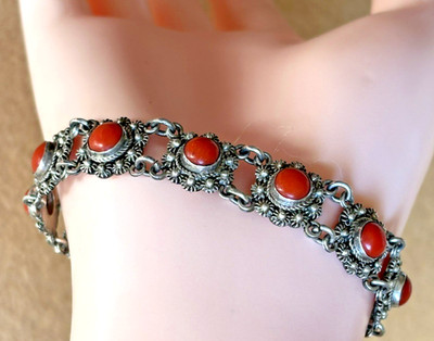 Antique Chinese Export Silver Filigree Coral Link Bracelet