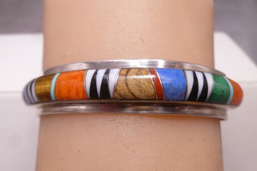 Zuni Turquoise Sterling Bracelet Multi Stone Gem inlaid Bracelet Hallmark W