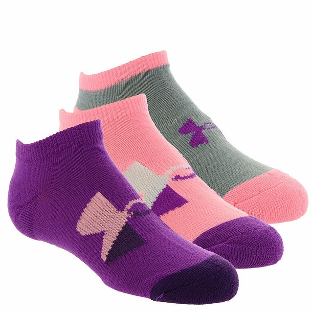 Under Armour Kids Girls No Show Socks 3 Pack Purple/Pink/Gray SZ 13.5