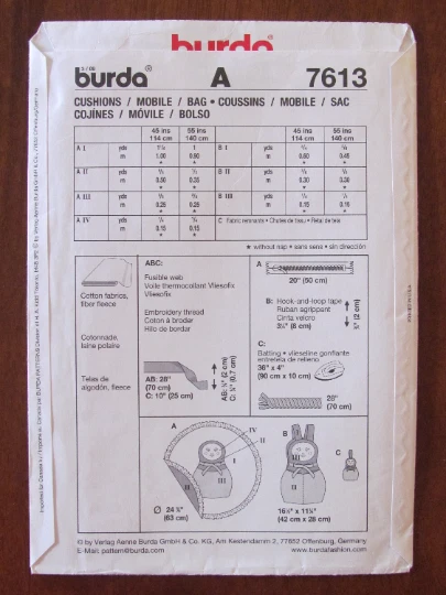 BURDA PATTERN - 7613 BABY PRAM ACCESSORIES COVER QUILT BAG MOBILE CUSHION UNCUT - Image 2 of 2