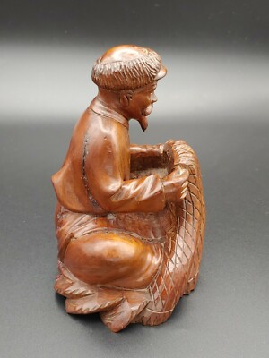 文革黄杨木雕渔翁晒网Antique Chinese Revolution Huangyang Boxwood