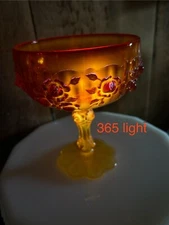 FENTON 9" PEDESTAL COVERED COMPOTE AMBERINA CABBAGE ROSE CANDY DISH