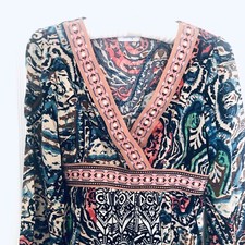 Womens S Dress Vneck Boho Pullover Fabulous Embroidered Trim Colorful BlueTique