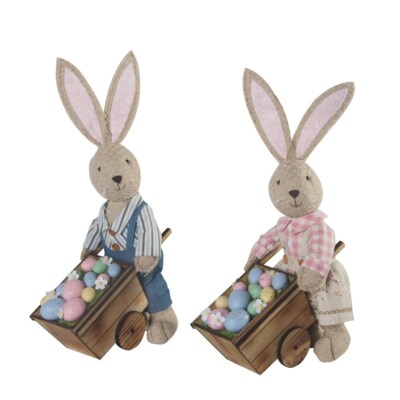 Ashland Brand 20'' Boy & Girl Bunny with Egg Cart Tabletop Accent - 2 Pieces