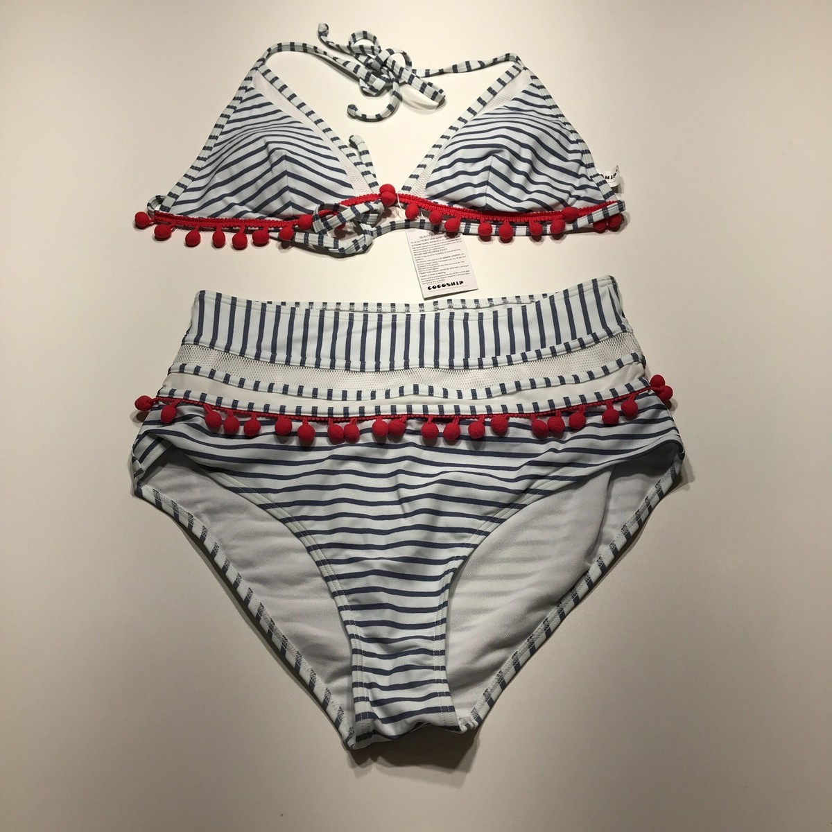 Cocoship Bikini Set Womens Size 12 Blue White Striped Pom Trim