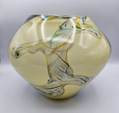 Large Viz Art Glass Murano Style Vase 9.5'' tall 9lbs Abstract Yellow Gray Swirls