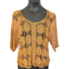 Vintage Lace scallop sheer copper cardigan pull over crochet crop sweater