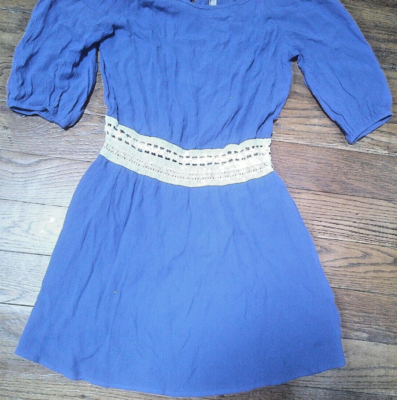 Entro Blue Mini Dress w white crochet waist. skirt lined. open shoulder SzS  | eBay