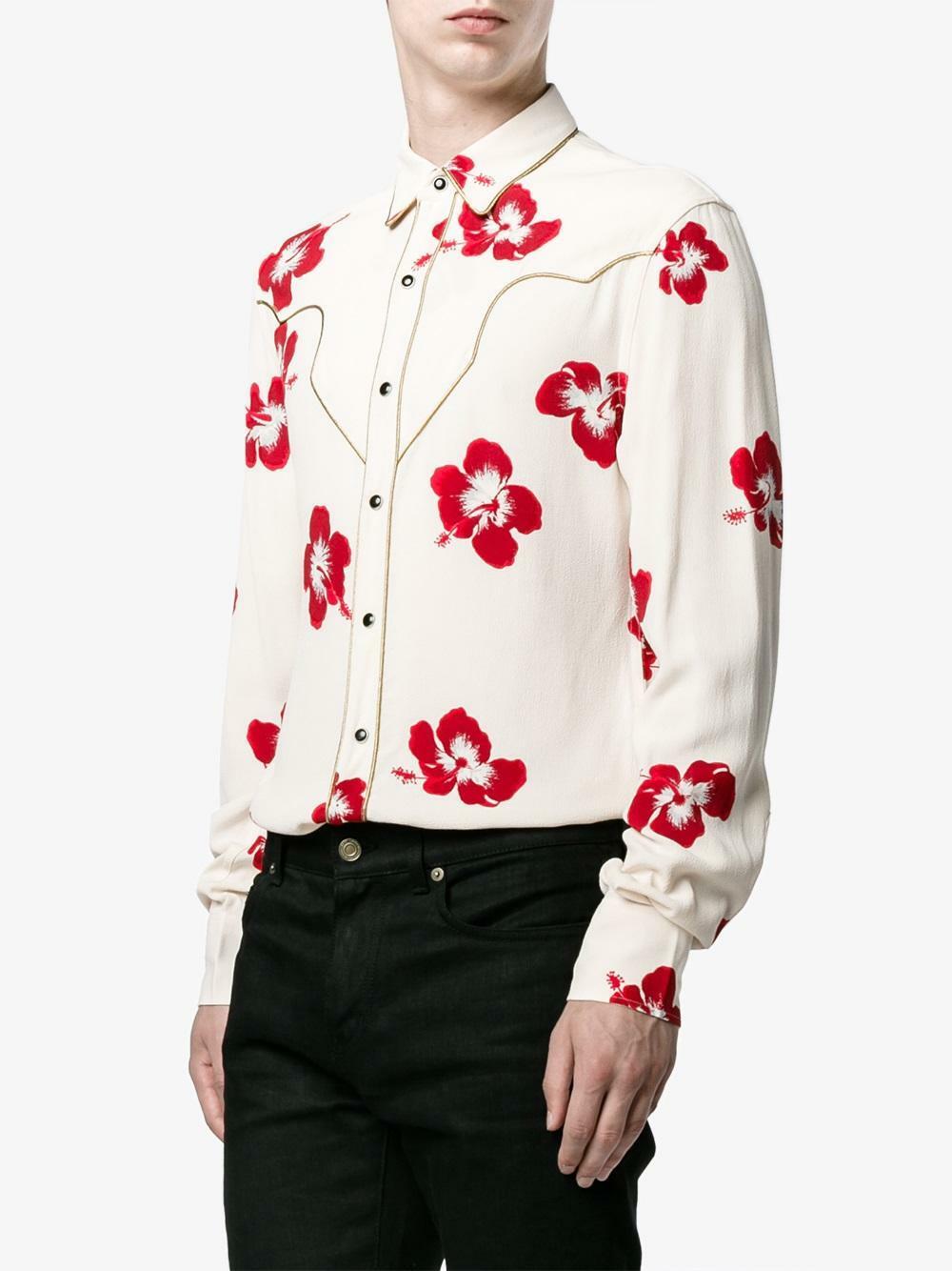 Saint Laurent YSL Hibiscus Floral Print Ivory Western Shirt ...