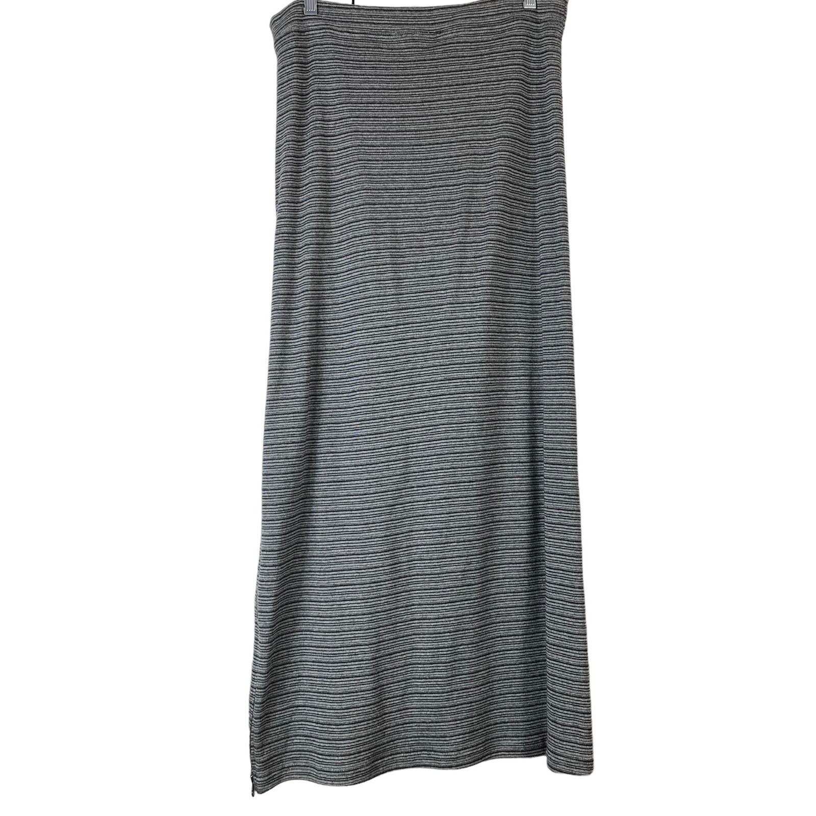 BP Maxi Skirt Size Large Striped Gray Black Side Zipper Slit Stretch Womens-image
