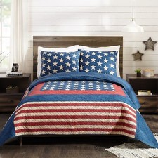Blue Red Stars Stripes USA Patriot 3pc Quilt Coverlet Set Cotton Full Queen King