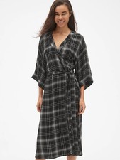 NWT Gap Plaid Tie-Waist Midi Wrap Dress, Black Plaid SIZE XXL      #368283 E1201