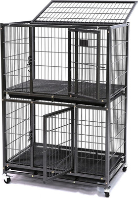 31 Inch Two Tiers Heavy Duty Dog Crate Cage Kennel with Four Lockable Wheels, Re