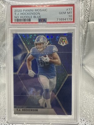 2020 Panini Mosaic T.J Hockenson No Huddle Blue 6/75 PSA 10 GEM Color Match!
