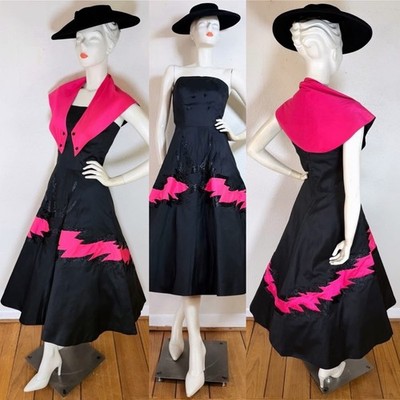 Rare Couture Vintage 1940 s Sorelle Fontana  pink black silk raffia dress Italy