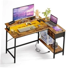  L Shaped Desk with Power Outlets and LED Lights, Gaming Computer Rustic Brown