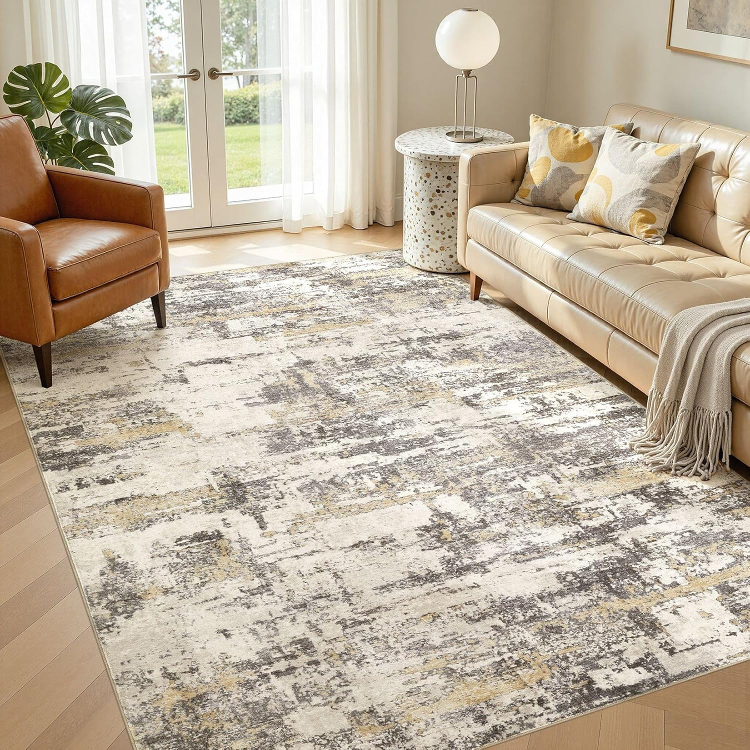 Area Rugs for Living Room: 5X7 Abstract Washable Rug Modern Neutral Large Soft S