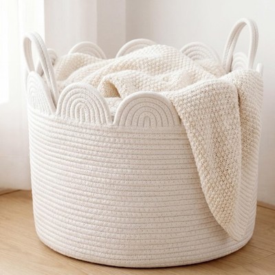 White Round Basket Large Blanket Basket 15.8'' L X 15.8'' W X13.8'' H Scalloped ...