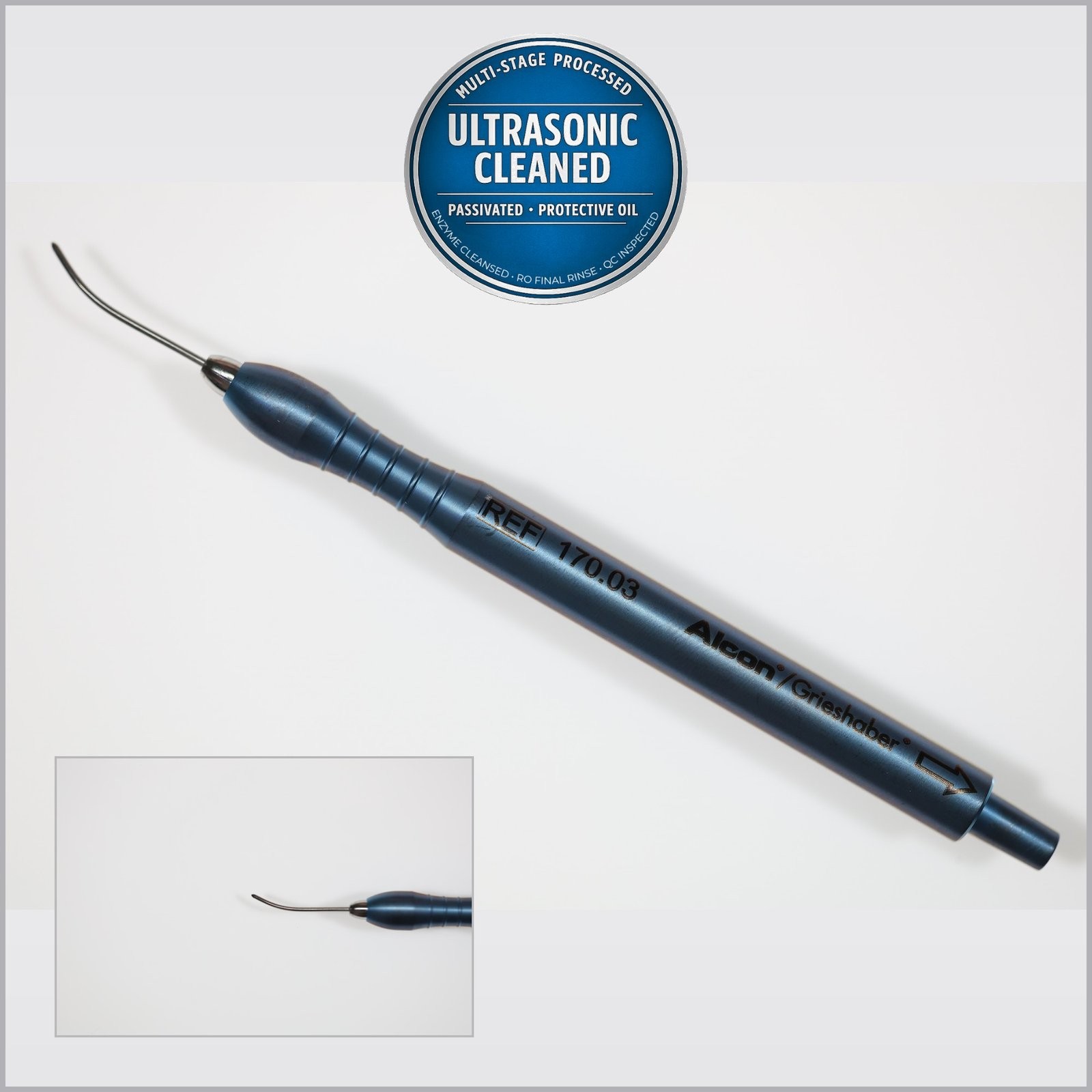 Alcon 170/03 Grieshaber Irrigation/Aspiration Handpiece, Curved, Blue, 4in