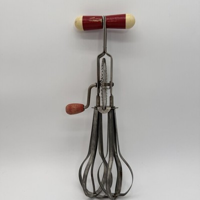 Vtg EKCO A & J Red  Wood Handle Mixer / ''High Speed Super Center Drive Beater''