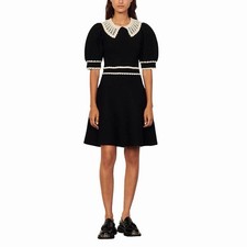 Sandro Paris Evonna Dress Black Cream Crochet Lace Collar Size 38 NWT 370