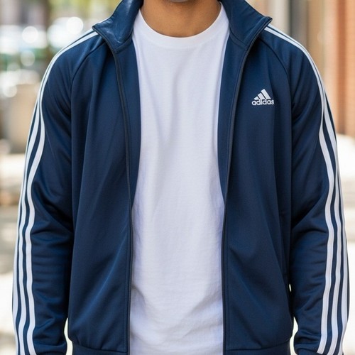 Adidas Mens Navy Blue Full Zip Track Jacket White 3 Stripe Embroidered Logo M