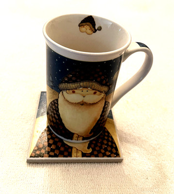 Santa Mug Coffee Tea Cup Mug with Stone Ceramic Coaster 5'' Holds 16oz.