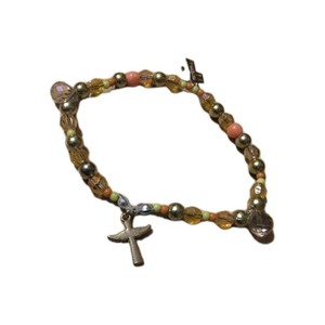 Handmade Elastic Bracelet-7.25 in.-2 Goldtone Cross Charms-2 Teardrop Crystals.