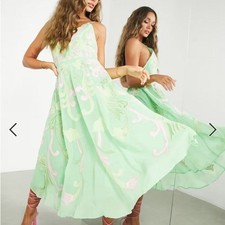 NWT ASOS DESIGN Embroidered Applique Cami Midi Slip Dress Pale Green Pink 14
