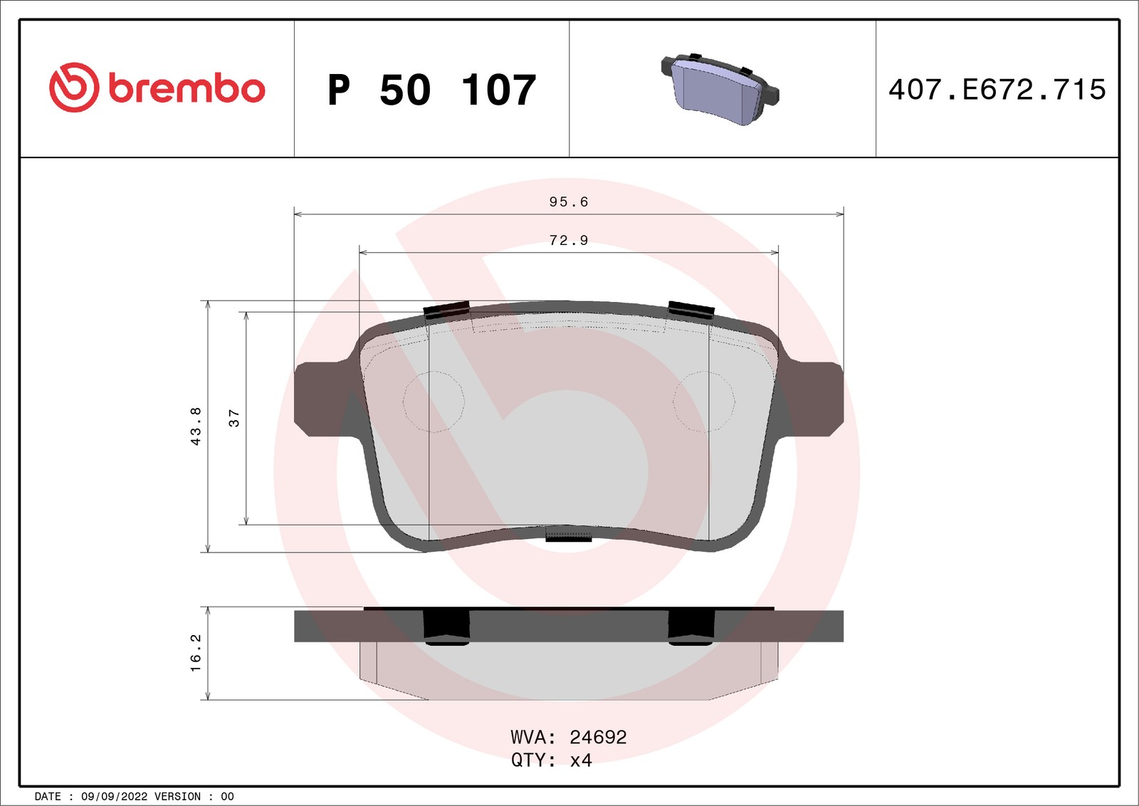 Fits BREMBO P 50 107 HAM PADS. REAR MERCEDES CITAN 12- REAR