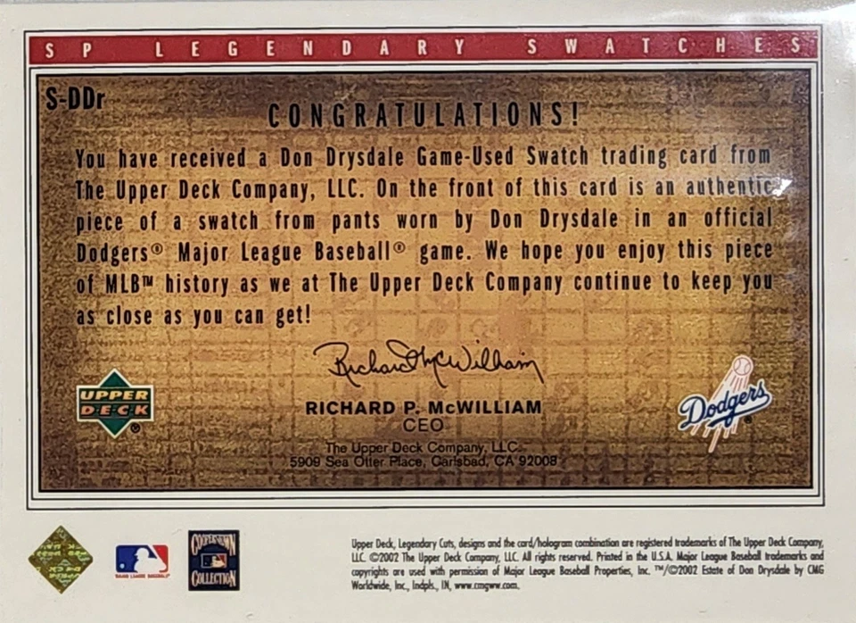 2002 UD SP Legendary Cuts, Legendary Swatches, Don Drysdale, Jersey Swatch - Imagem 2 de 2