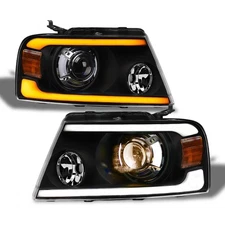 Topline For 04-08 F150 Switchback Sequential LED Strip Projector Headlights Blk