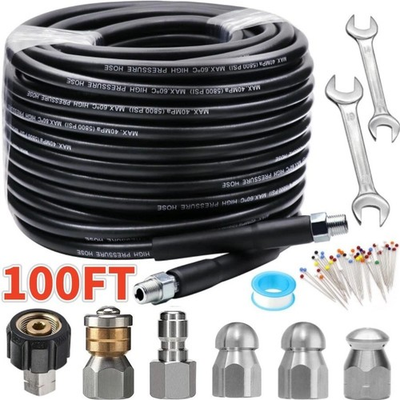 #ad Sewer Jetter Nozzles Kit 100FT Drain Cleaning Hose for Pressure Washer 5800PSI $38.88