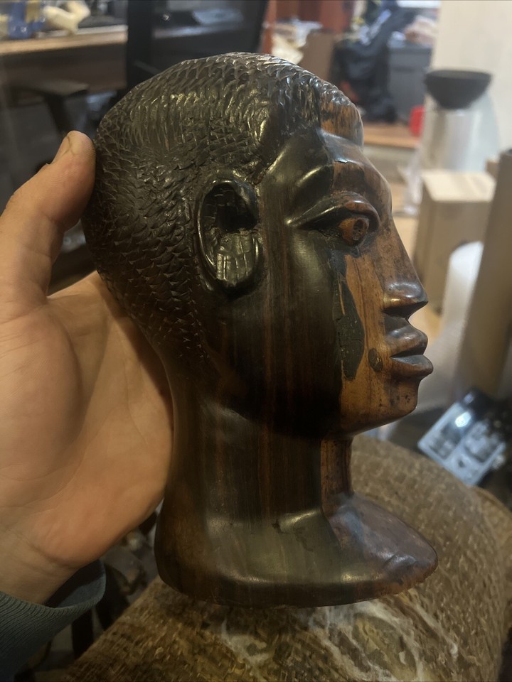 Vintage African Ebony Wood Hand Carved Native Male Bust Figure