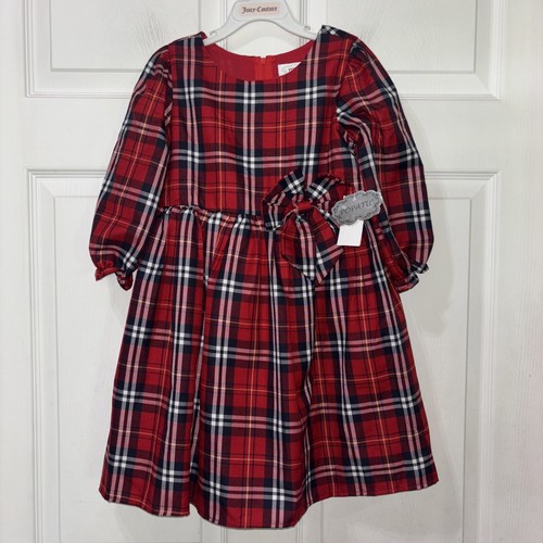 NWT $48 Popatu Tartan Plaid Dress Girls 6 Red Black LS Lined Bow Holiday Party - Picture 2 of 9