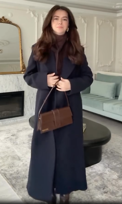 Zara Long Double-Breasted Wool Blend Coat Navy Blue Size XS M 2018