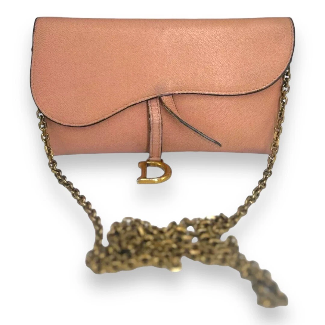 Christian Dior Chaîne Portefeuille Selle Porte Billets Porte Monnaie Long Cuir Nu Rose
