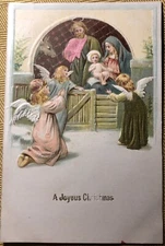 Christmas Nativity Scene, Holy Family, Three Angels, Embossed Postcard