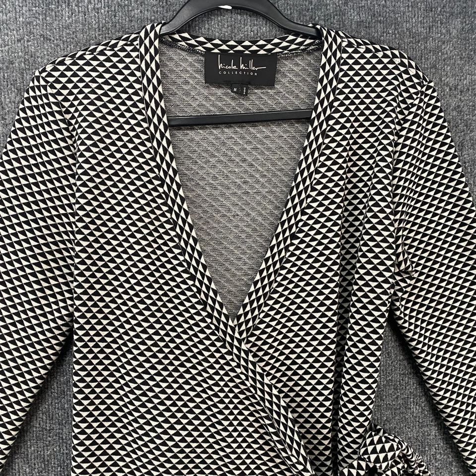 Nicole Miller 裹身连衣裙女式 M 黑色 V 领针织荷叶边女士经典办公室 — 第 2/4 张图片