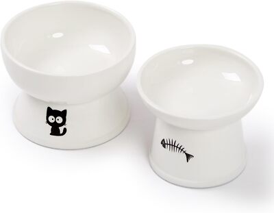 Foreyy Raised Cat Food And Water Bowl Set 4 Inch Height Non Slip Ceramic