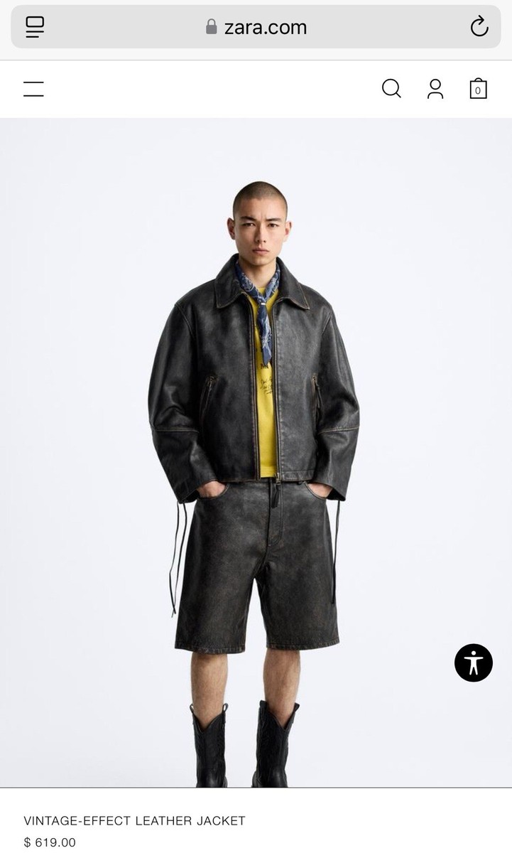 ZARA $619 Vintage Effect 100% Cow Leather Jacket Mens S/M Unisex